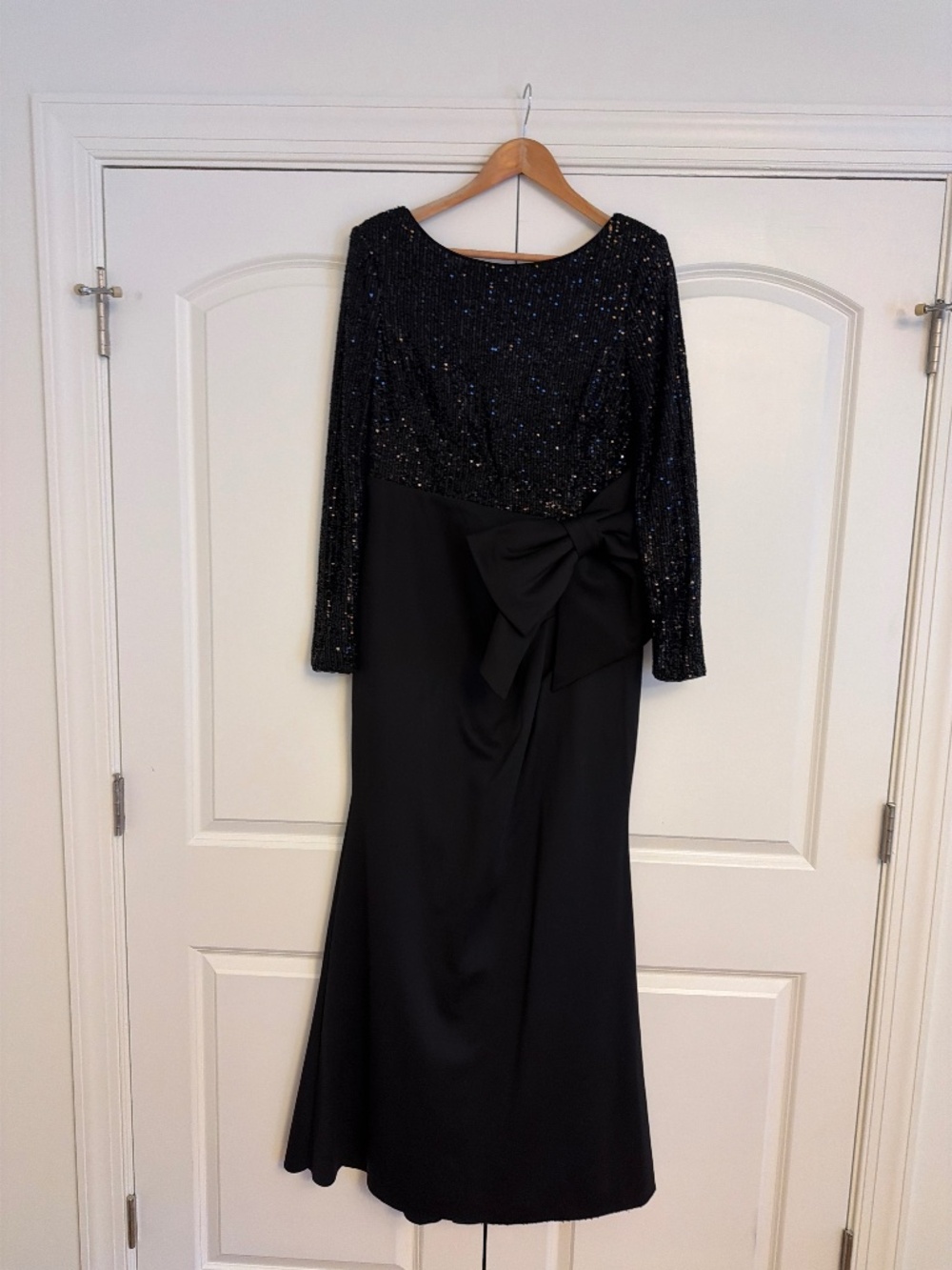 Eliza J Long Sleeved Boat Neck Bow Mermaid Gown
